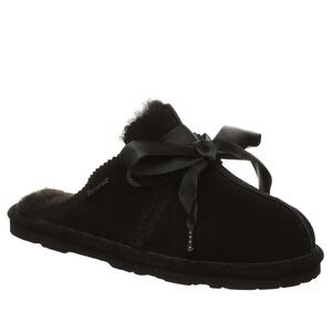 BEARPAW Jolietta Suede Wool Fleece Lined Slipper Mules Ribbon Bow Black Sz 10